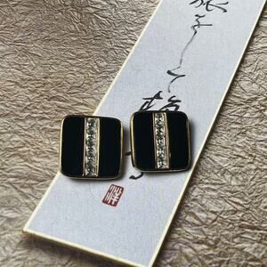 Vintage S.A.L Swarovski Art Deco Black and Gold CZ Square Clip-on Earrings